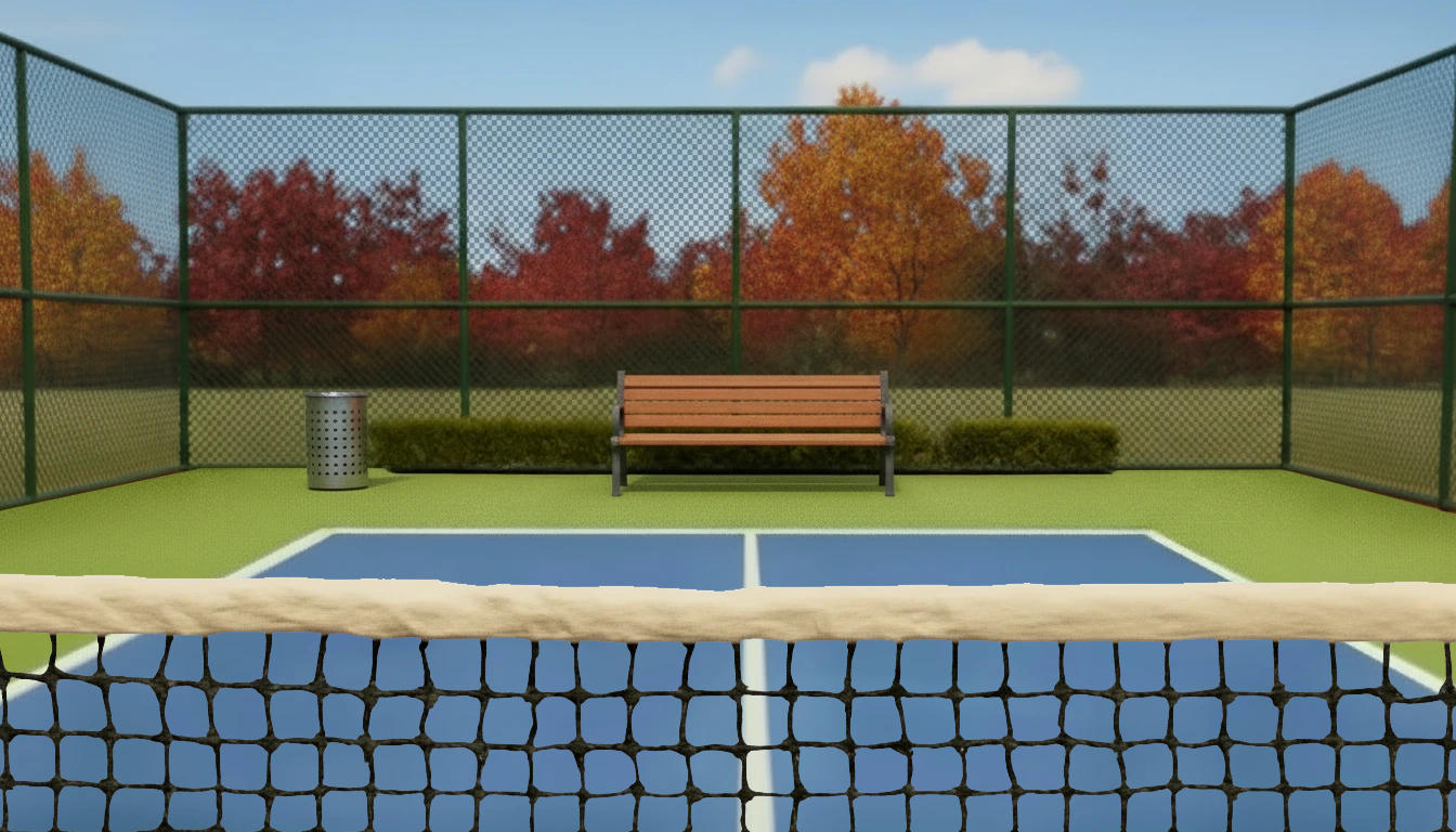 Tennis-court viewpoint behind a miniature net