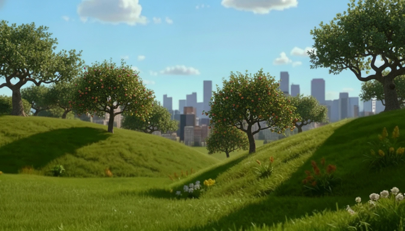 Park landscape and city skyline concept