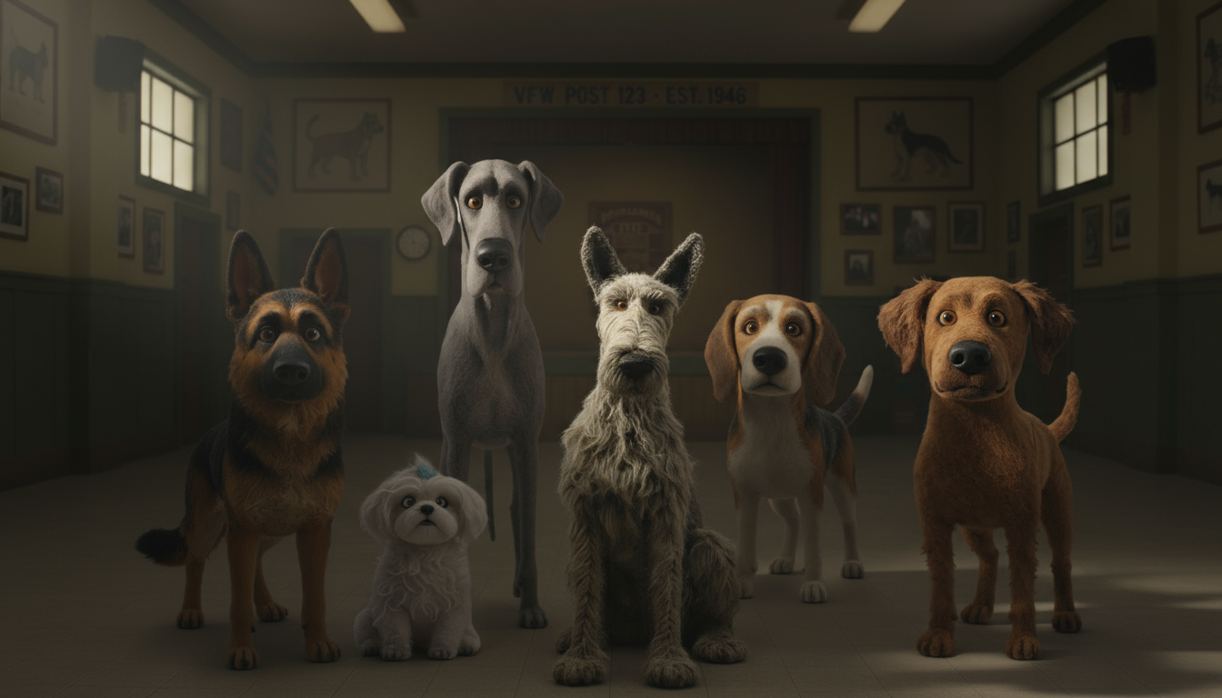 Dog character ensemble staged in a community hall
