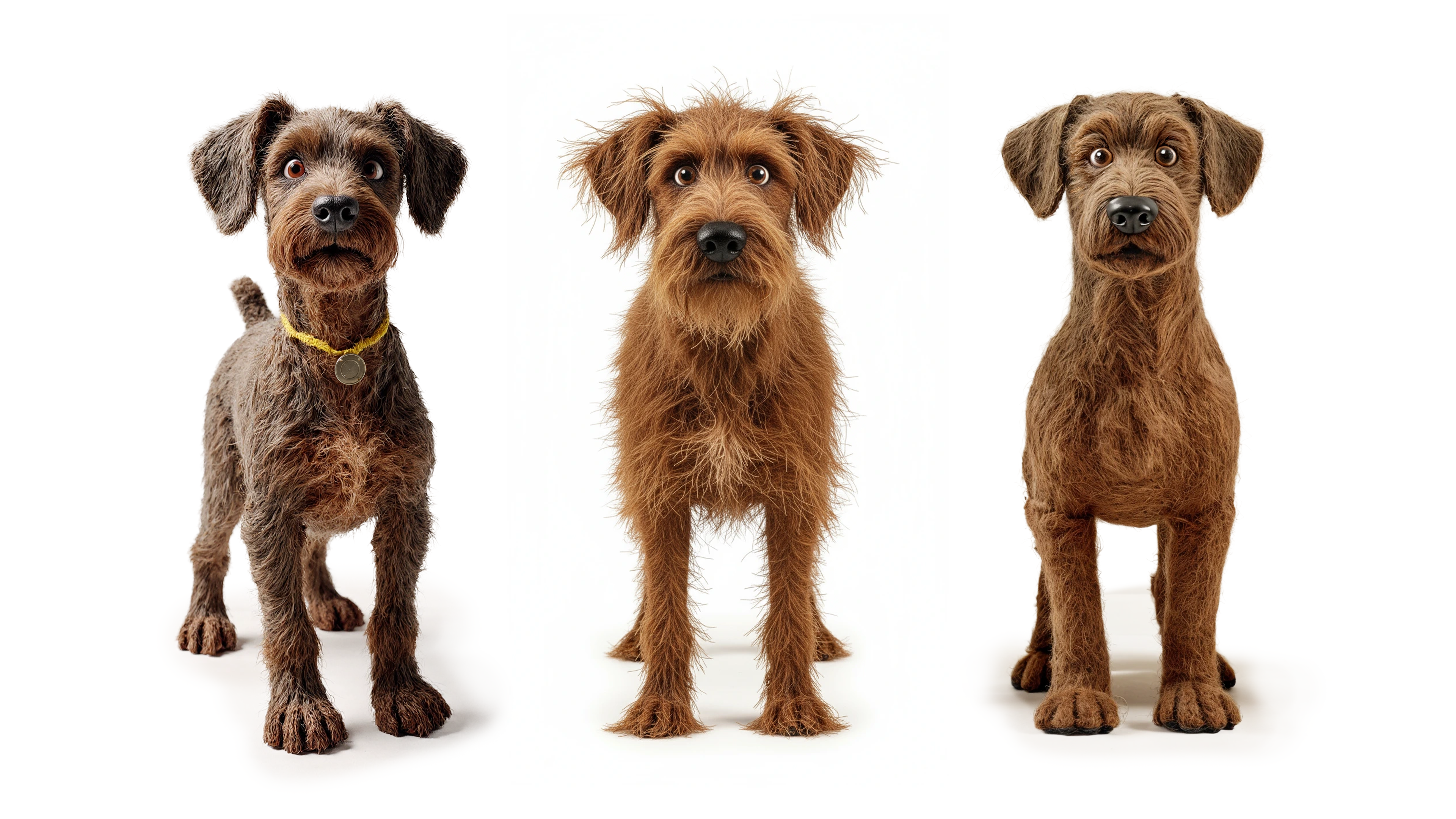 Three scruffy dog character design alternatives