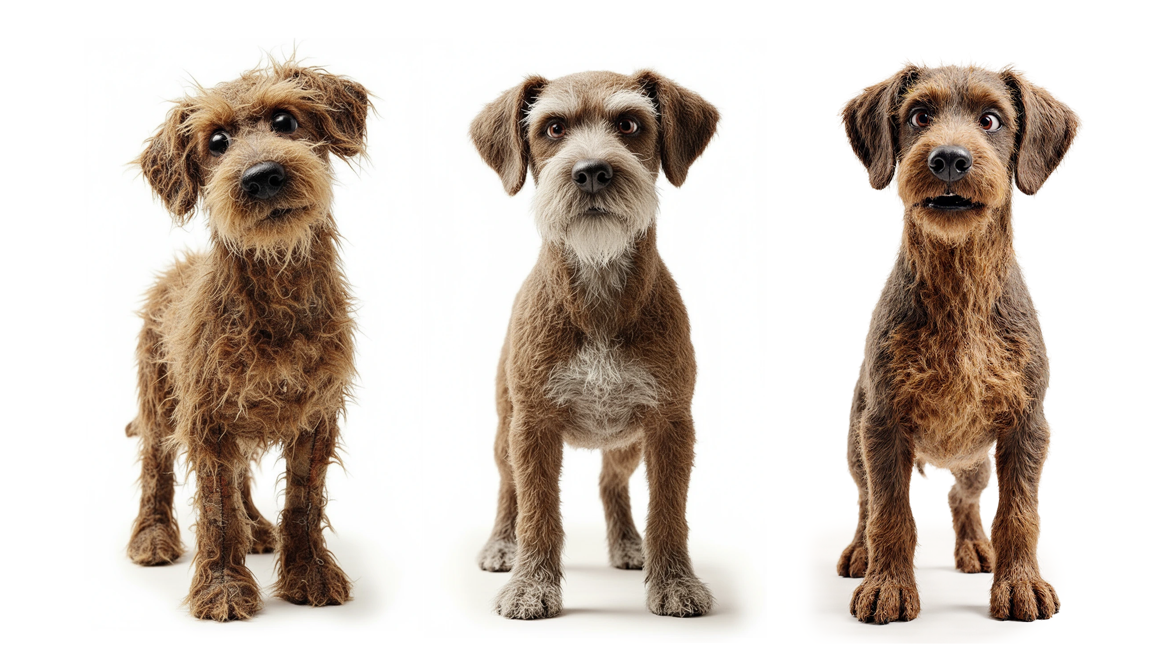 Three dog character concepts with varied coats and proportions