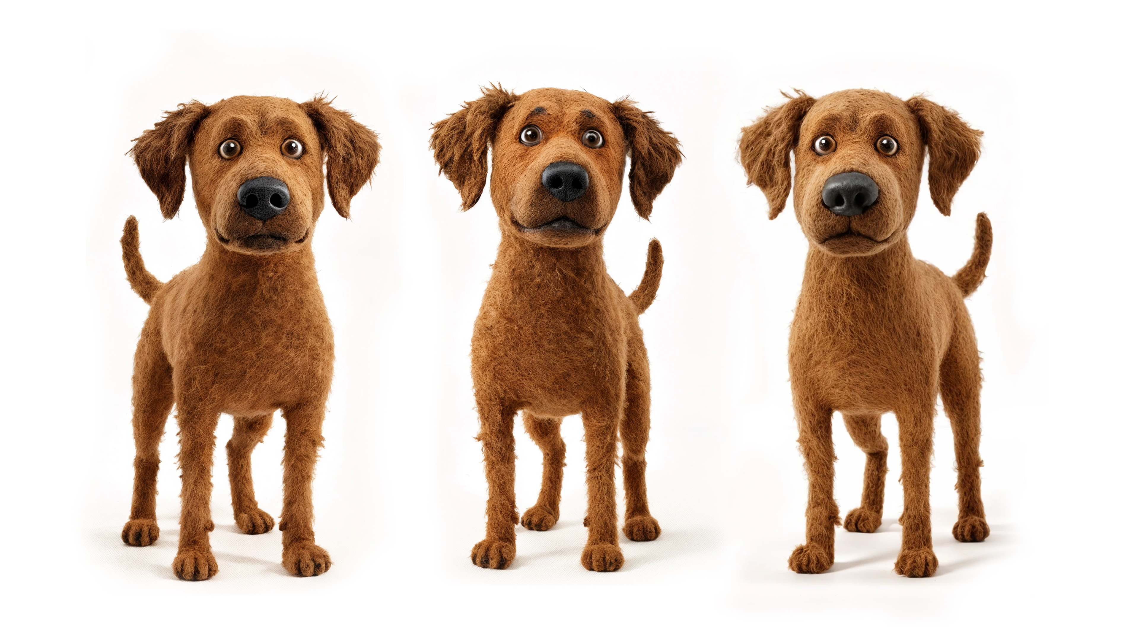 Three brown dog puppet character design alternatives